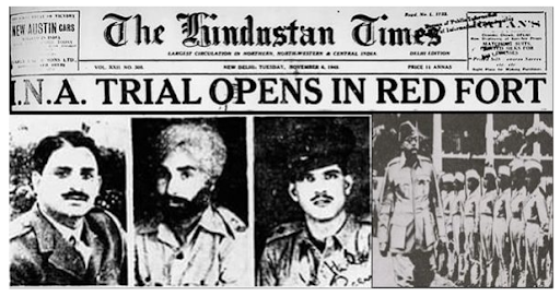 The Hindustan Times news report of the INA Trials (from left Shah Nawaz Khan, Gur Baksh Singh Dhillon, Prem Sehgal)